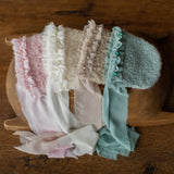 Bouclé Newborn Bonnet with Pearls and Ribbon Ties – Baby Photoshoot Hat