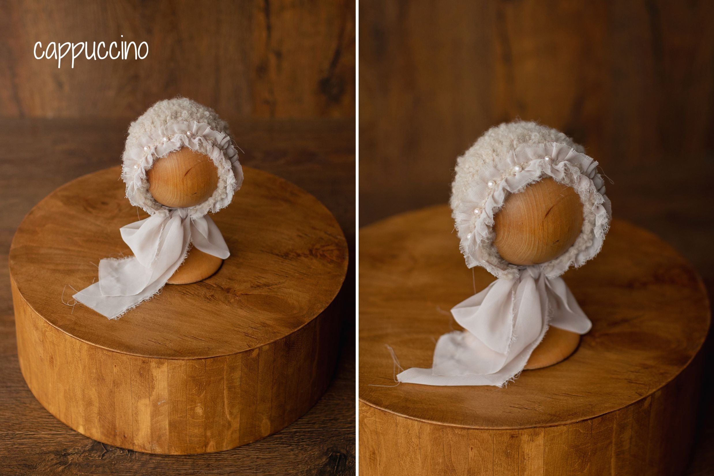 Bouclé Newborn Bonnet with Pearls and Ribbon Ties – Baby Photoshoot Hat