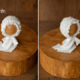 Bouclé Newborn Bonnet with Pearls and Ribbon Ties – Baby Photoshoot Hat