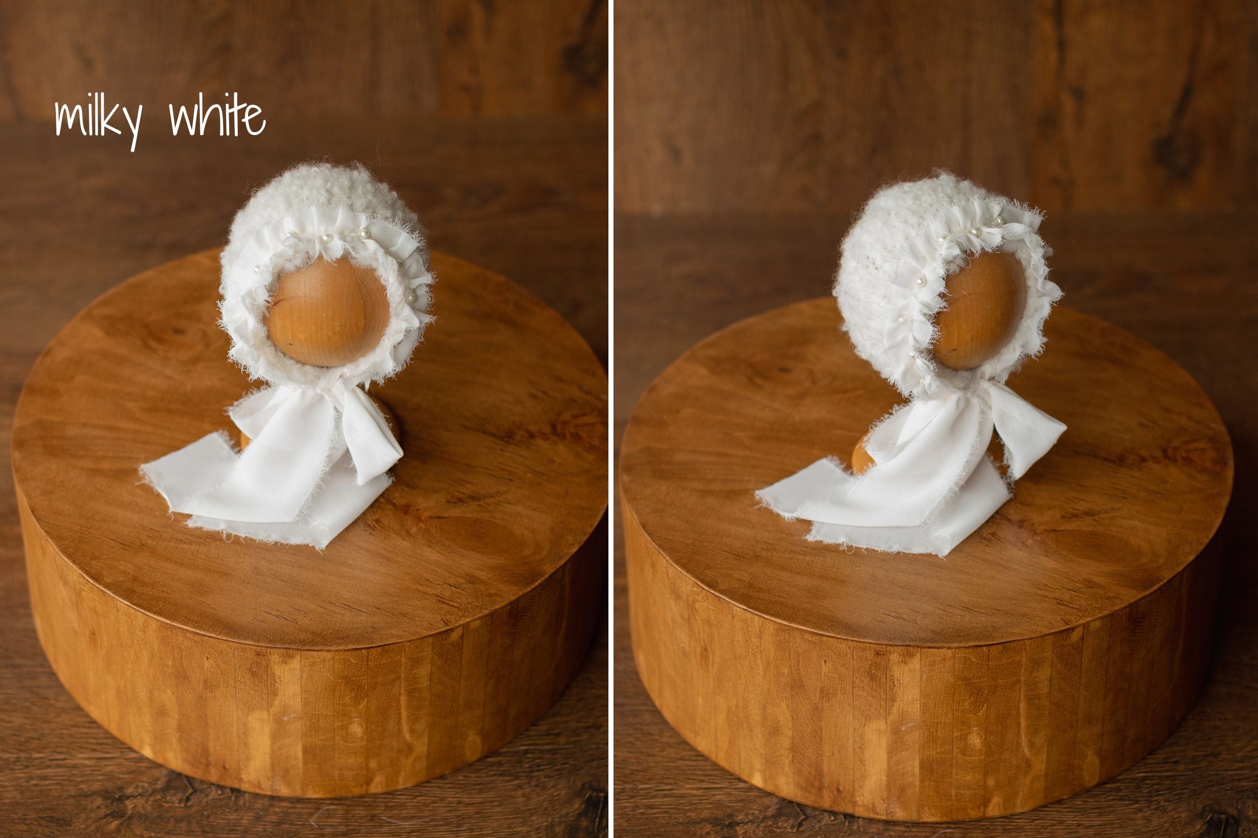 Bouclé Newborn Bonnet with Pearls and Ribbon Ties – Baby Photoshoot Hat