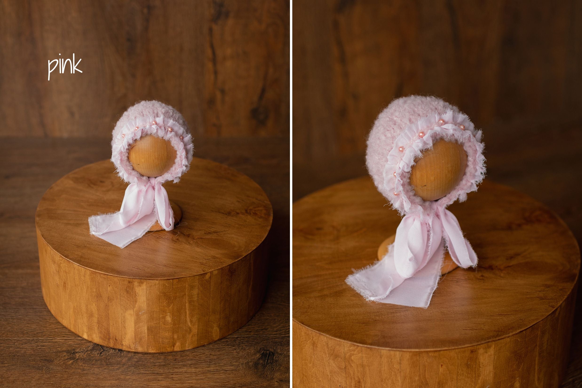 Bouclé Newborn Bonnet with Pearls and Ribbon Ties – Baby Photoshoot Hat