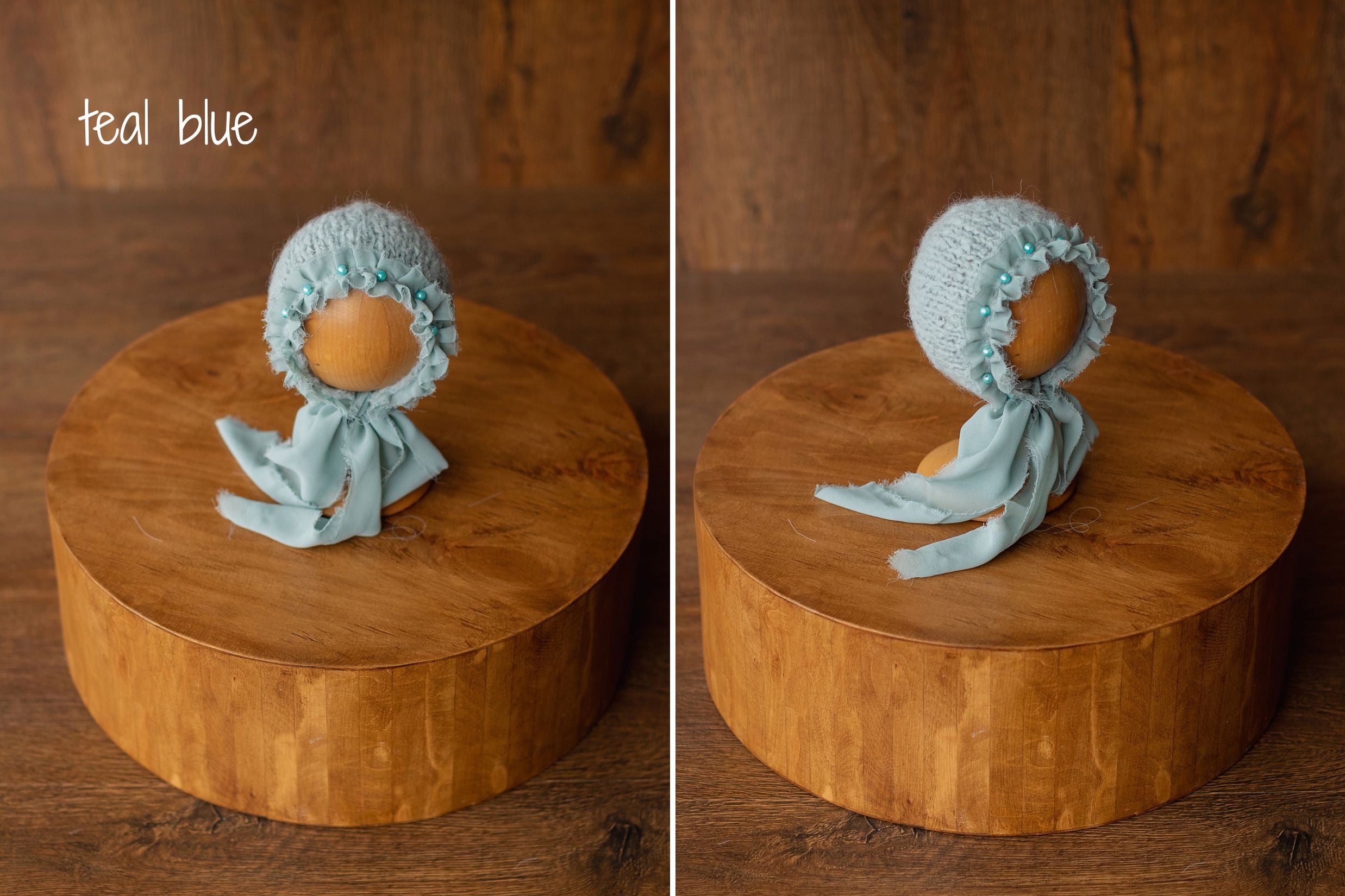 Bouclé Newborn Bonnet with Pearls and Ribbon Ties – Baby Photoshoot Hat