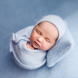 Sky Blue Newborn Photography Prop Set: Beanbag Backdrop, Knitted Blanket, Wrap & Bonnet, Hat, Pillow, Toy & Headband