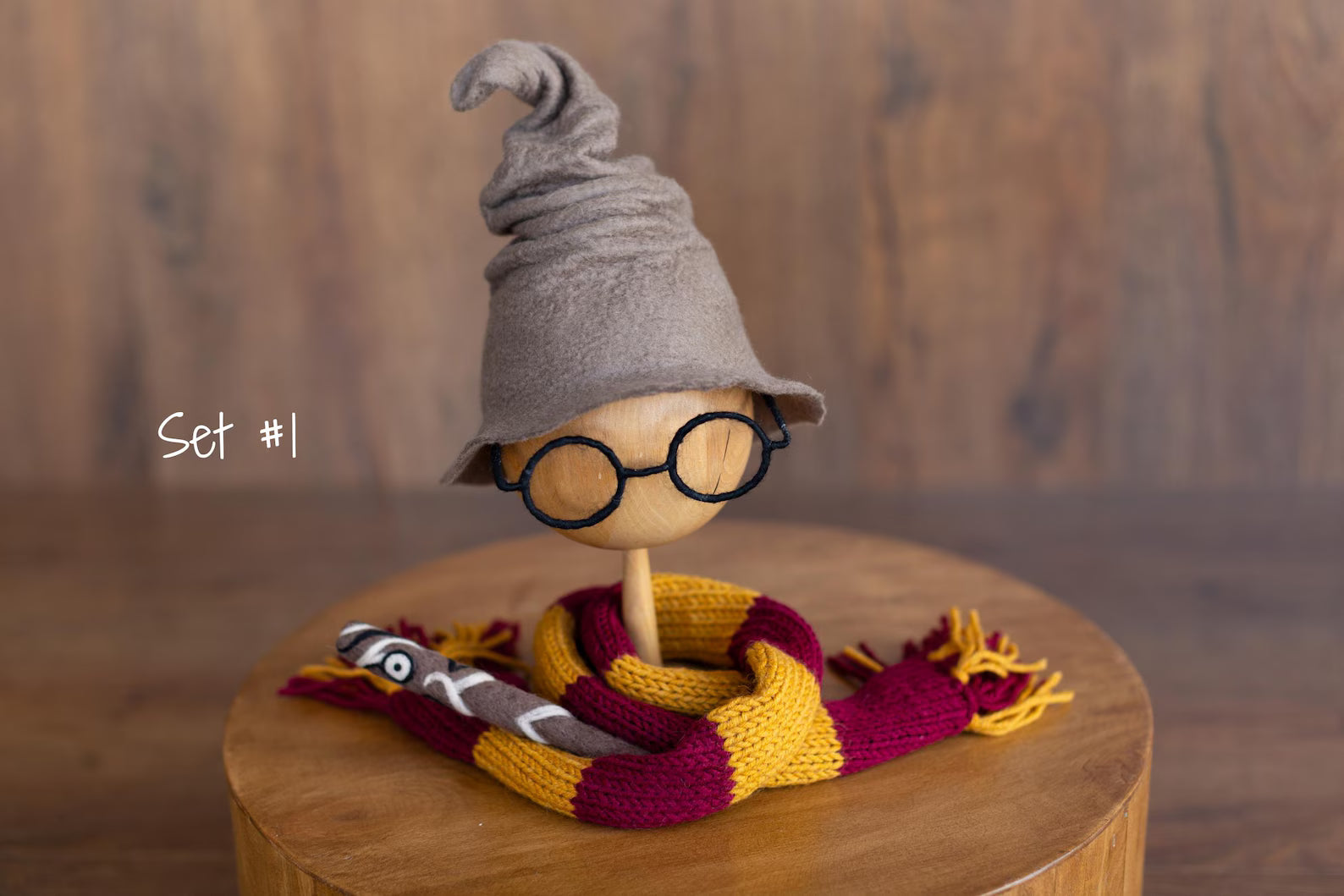 Newborn Wizard Outfit Set: Felted Sorting Hat, Owl Toy, Magic Wand & Knitted Scarf
