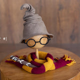 Newborn Wizard Outfit Set: Felted Sorting Hat, Owl Toy, Magic Wand & Knitted Scarf