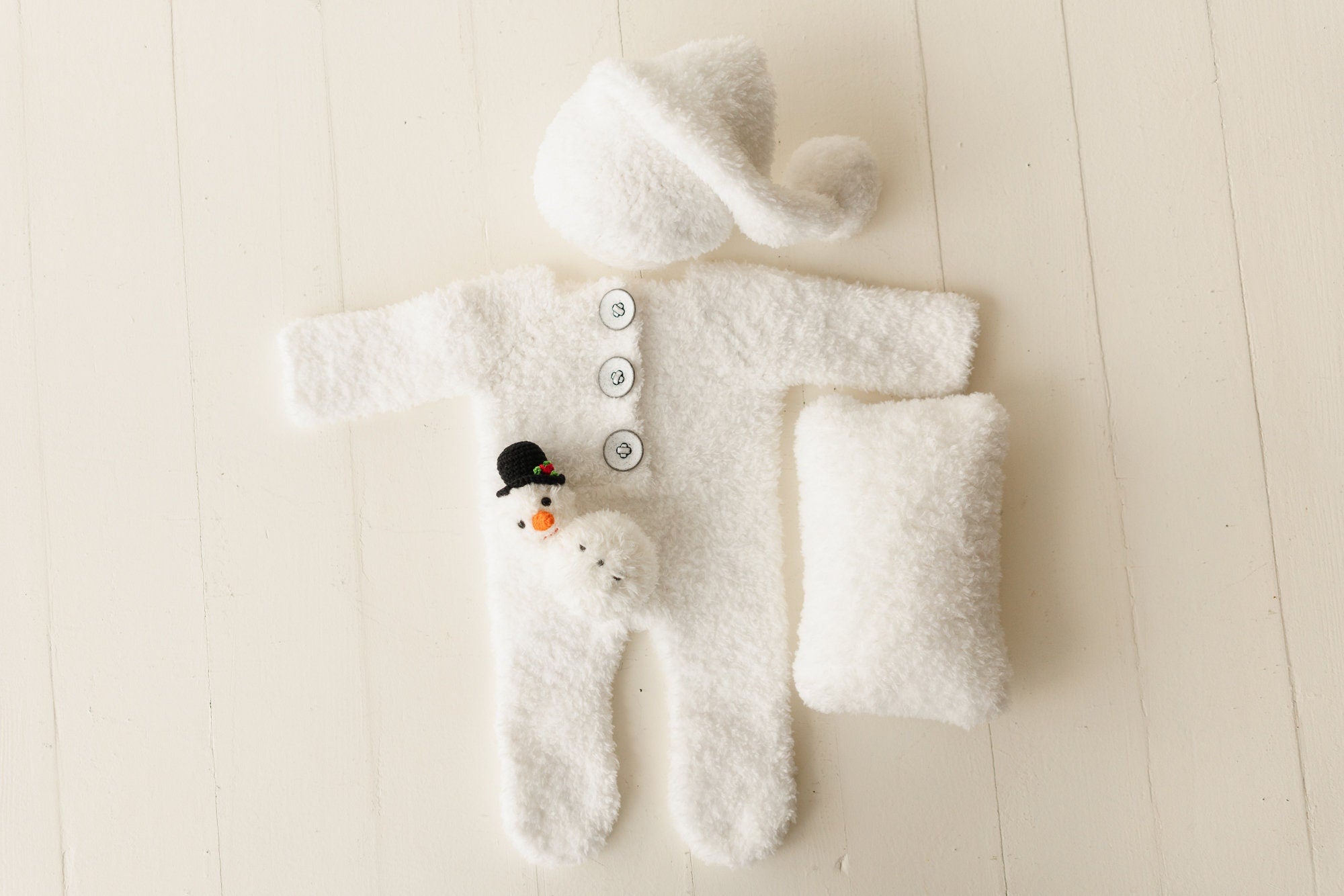 Fluffy Knitted Snowman Outfit with Toy: Newborn Christmas Photography Prop