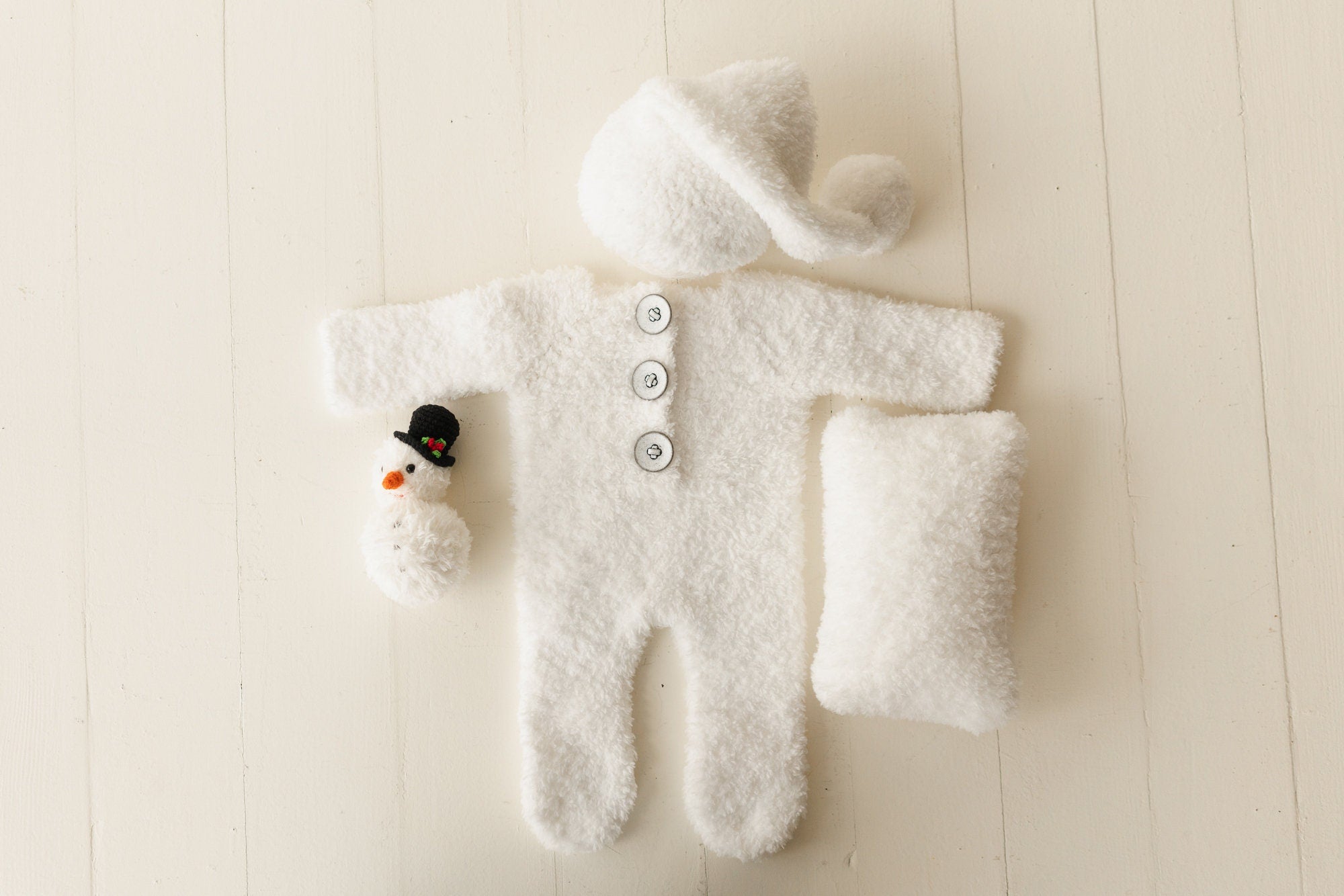 Fluffy Knitted Snowman Outfit with Toy: Newborn Christmas Photography Prop