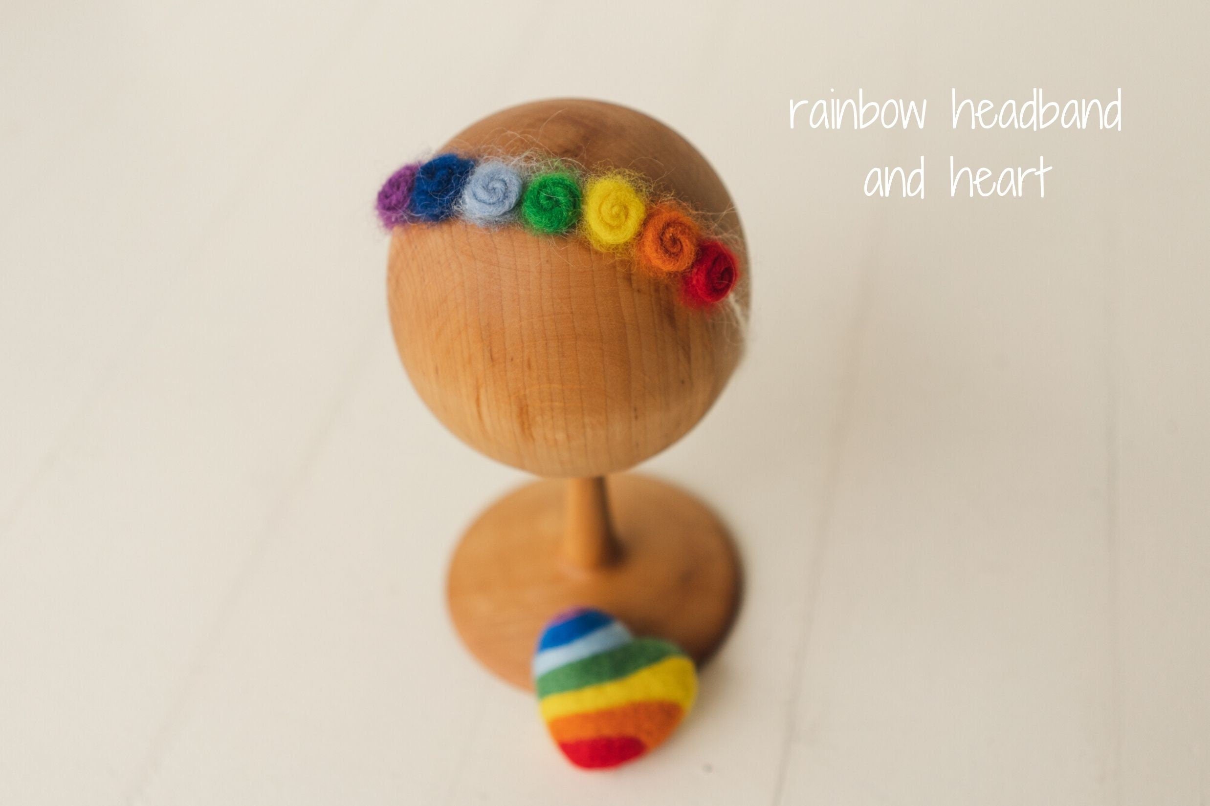 Rainbow Felted Heart Toy, Rainbow Felted Wool Headband, Newborn photography prop, Newborn Rainbow photo props, Newborn Rainbow Heart Props