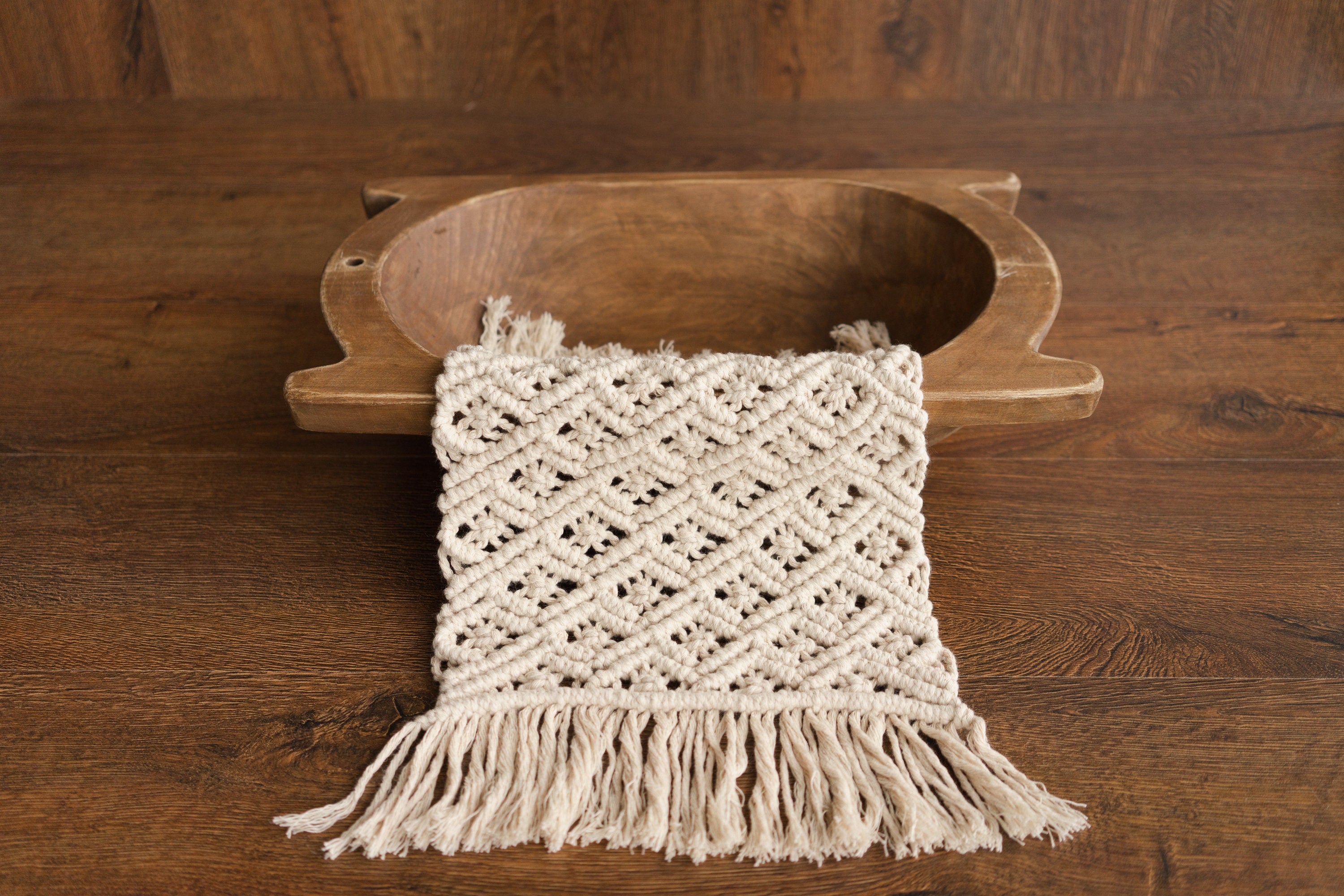 Boho macrame newborn props — matching pillow and placemat add natural texture, warmth, and timeless charm to newborn photo shoots.