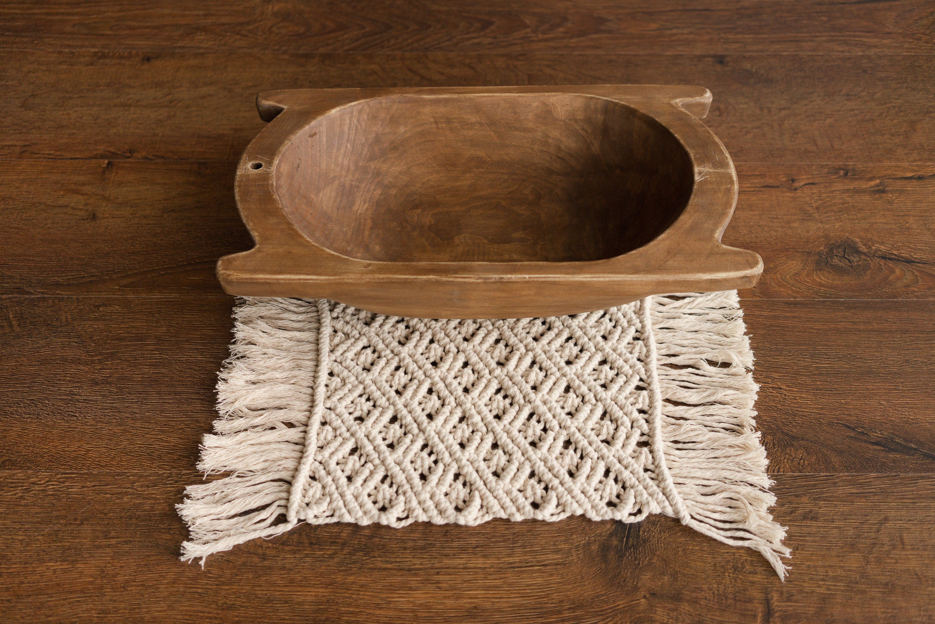 Boho macrame newborn props — matching pillow and placemat add natural texture, warmth, and timeless charm to newborn photo shoots.