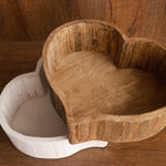 Wooden newborn heart bowl – handmade photography prop with vintage finish