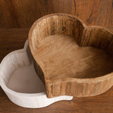 Wooden newborn heart bowl – handmade photography prop with vintage finish