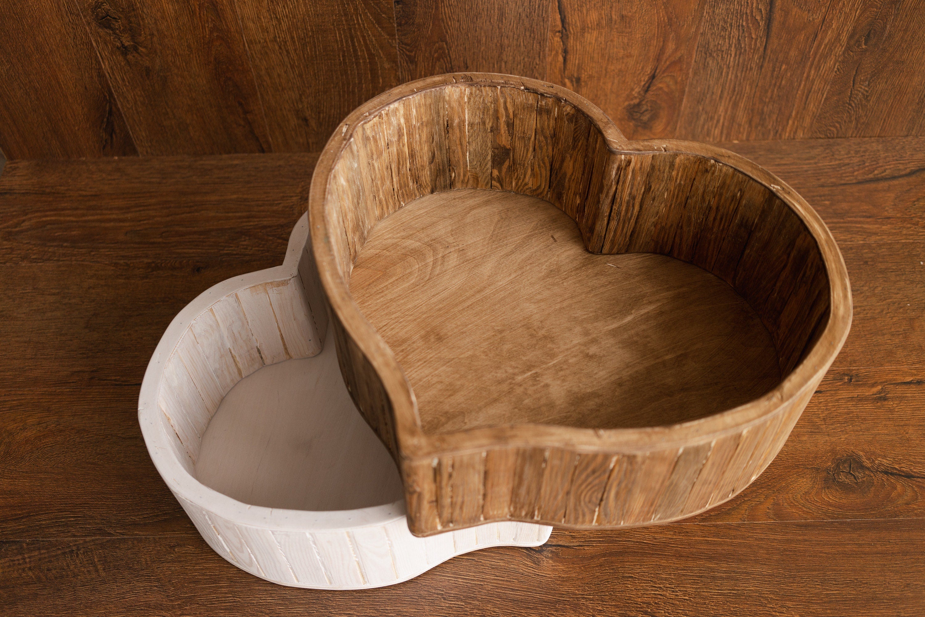 Wooden newborn heart bowl – handmade photography prop with vintage finish