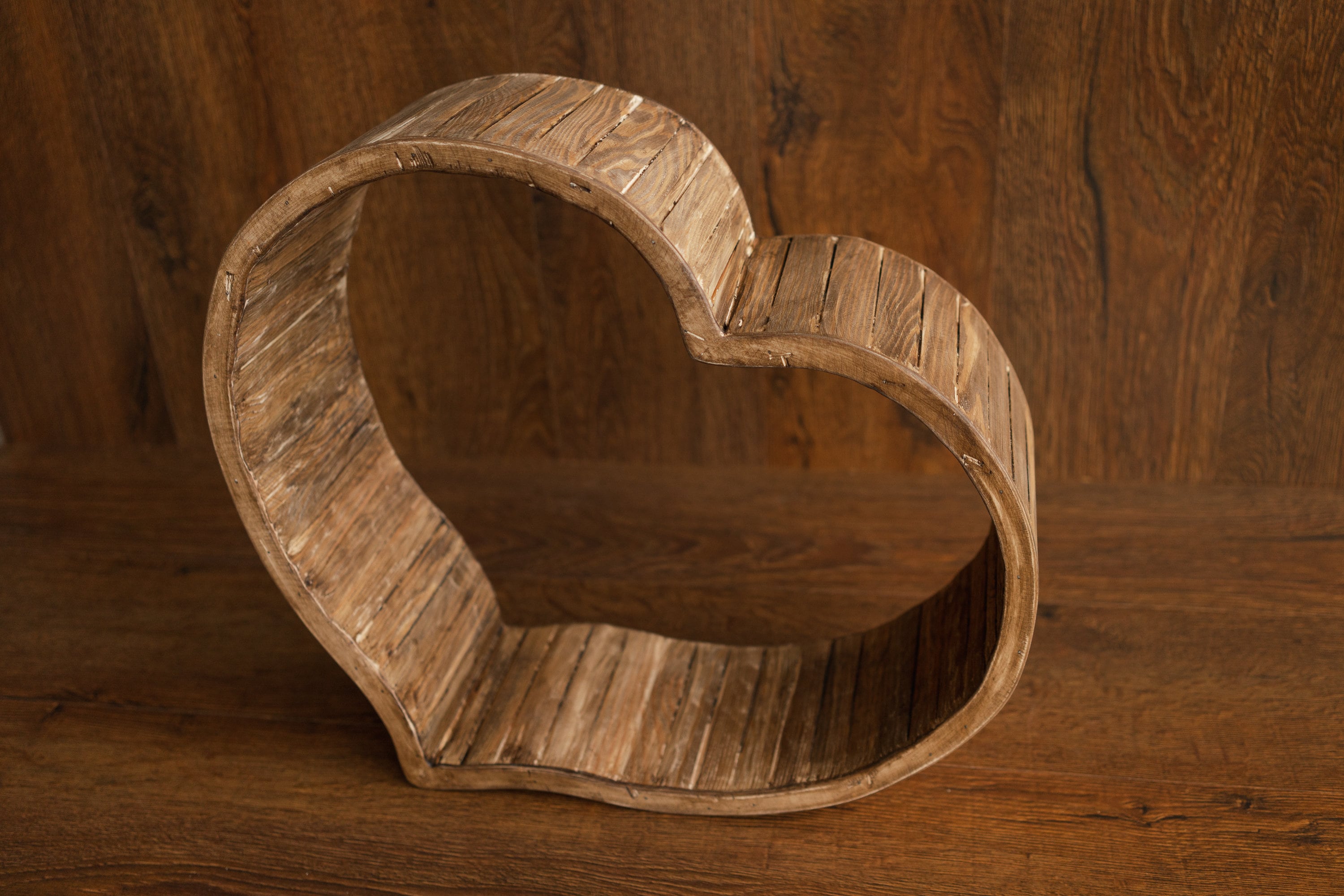Wooden newborn heart bowl – handmade photography prop with vintage finish