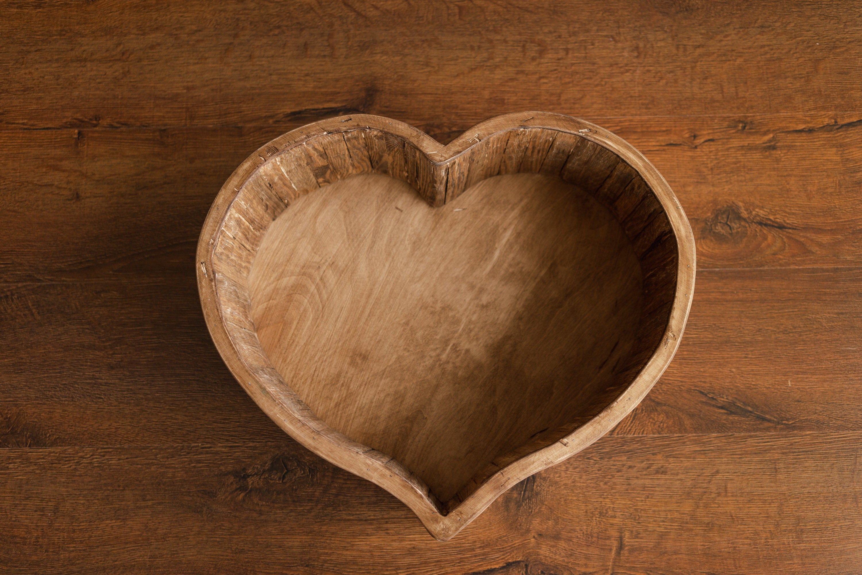 Wooden newborn heart bowl – handmade photography prop with vintage finish