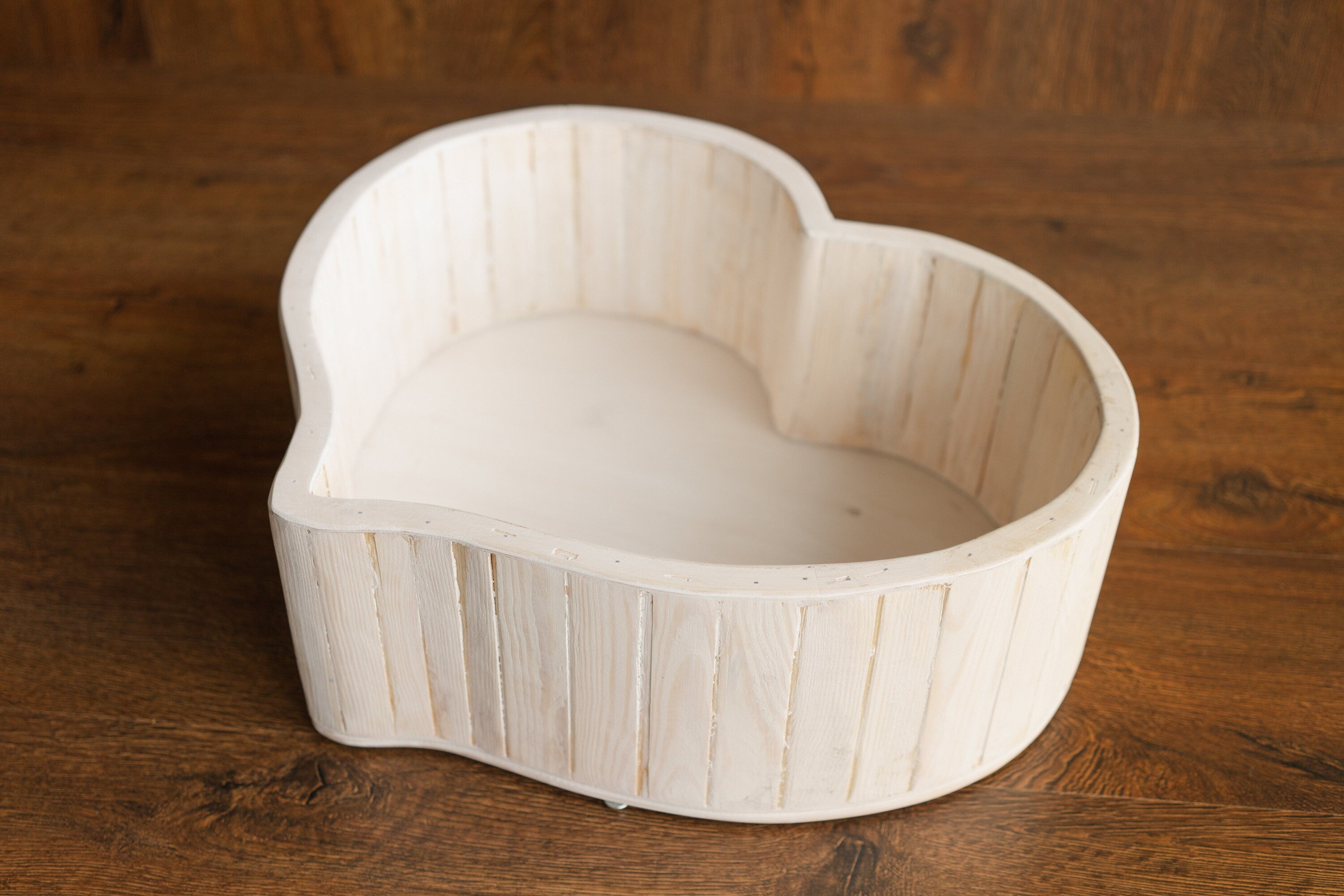 Wooden newborn heart bowl – handmade photography prop with vintage finish