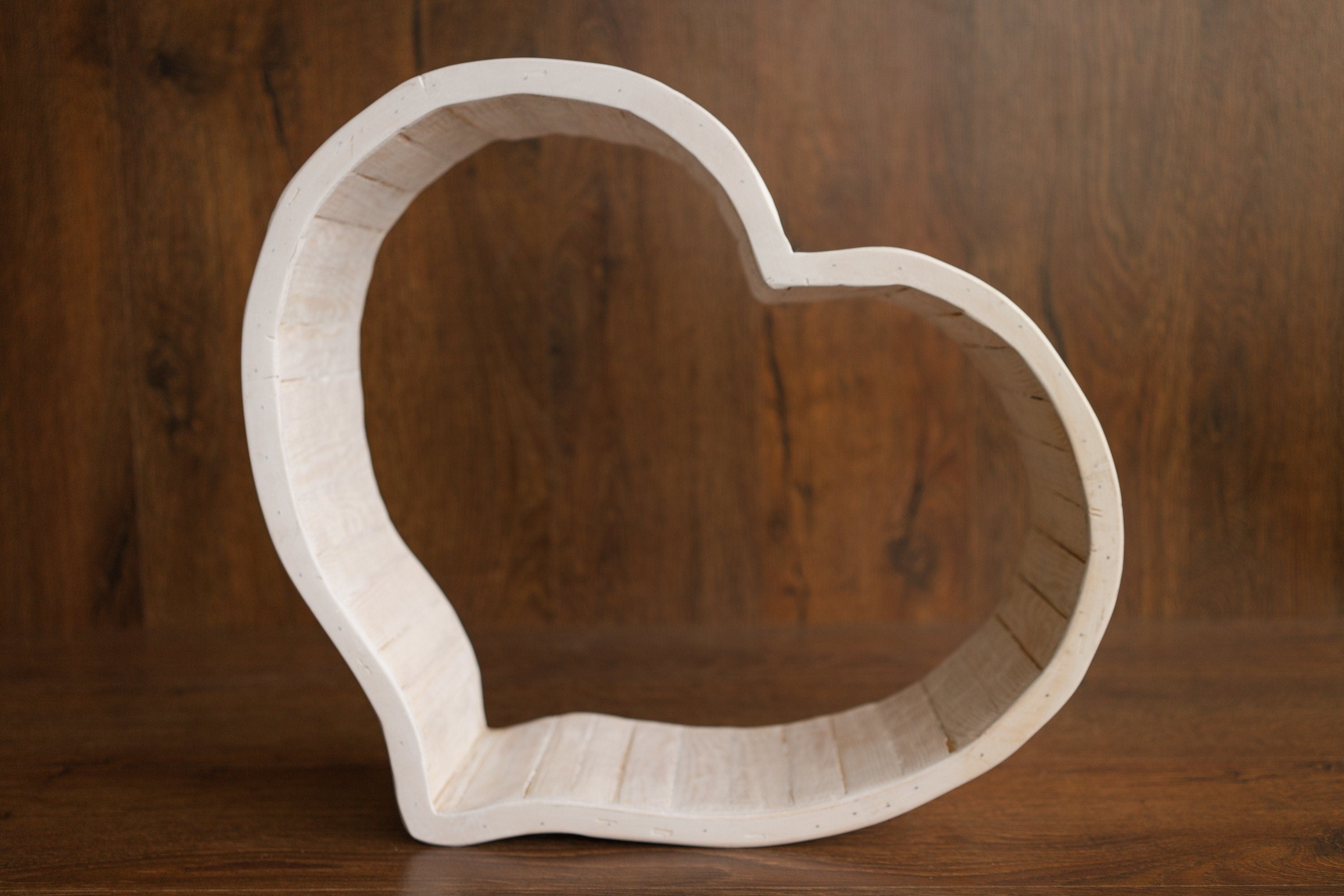 Wooden newborn heart bowl – handmade photography prop with vintage finish