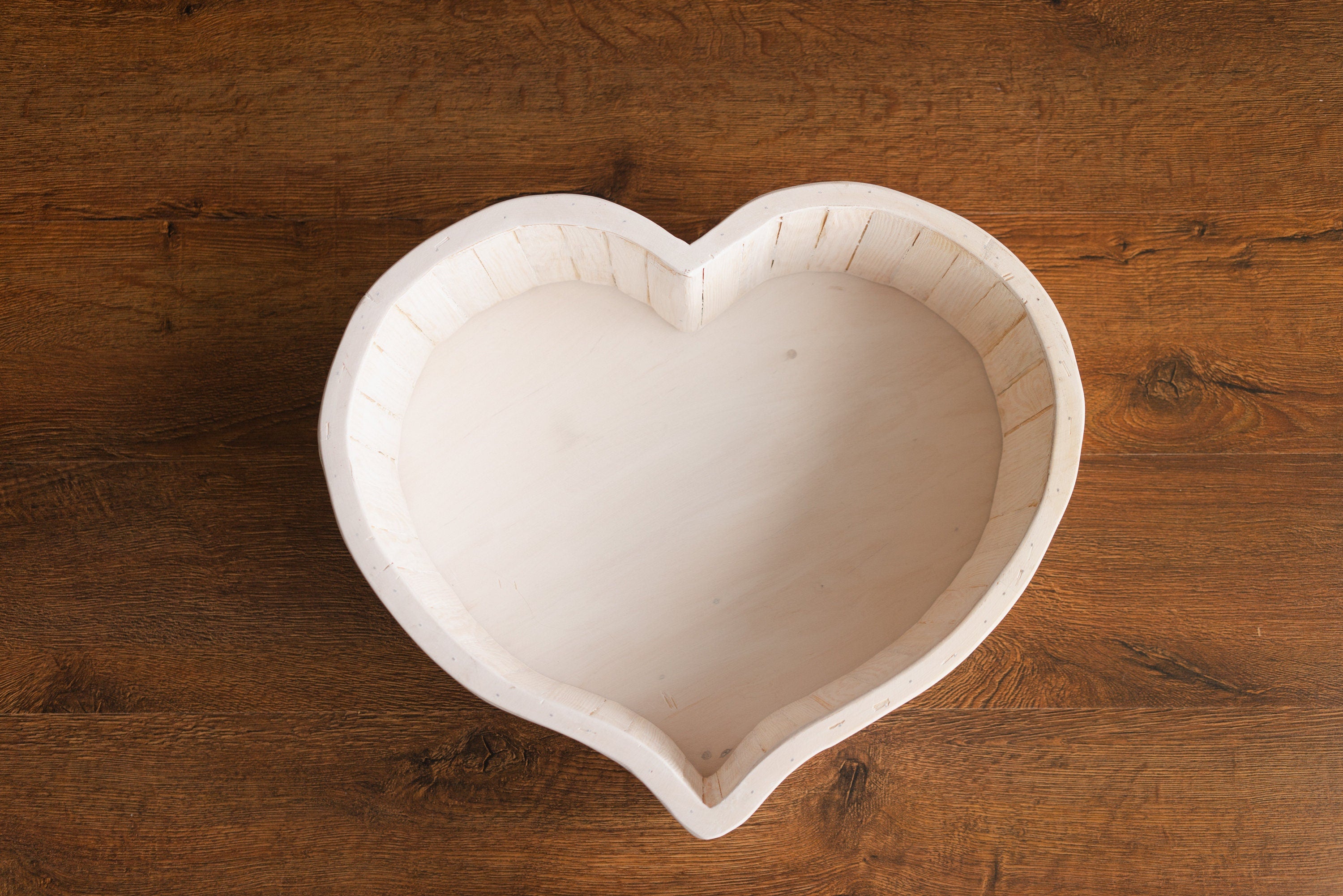 Wooden newborn heart bowl – handmade photography prop with vintage finish