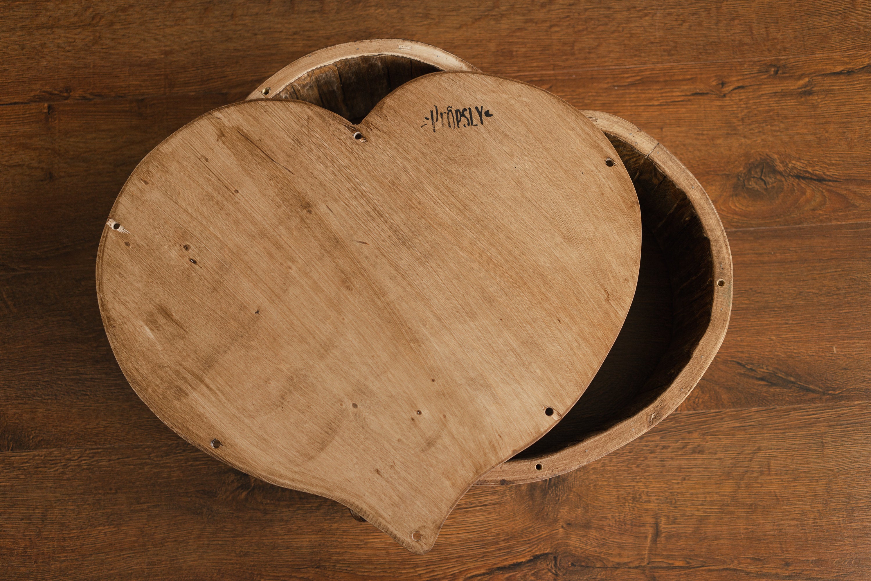 Wooden newborn heart bowl – handmade photography prop with vintage finish
