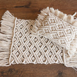 Boho macrame newborn props — matching pillow and placemat add natural texture, warmth, and timeless charm to newborn photo shoots.
