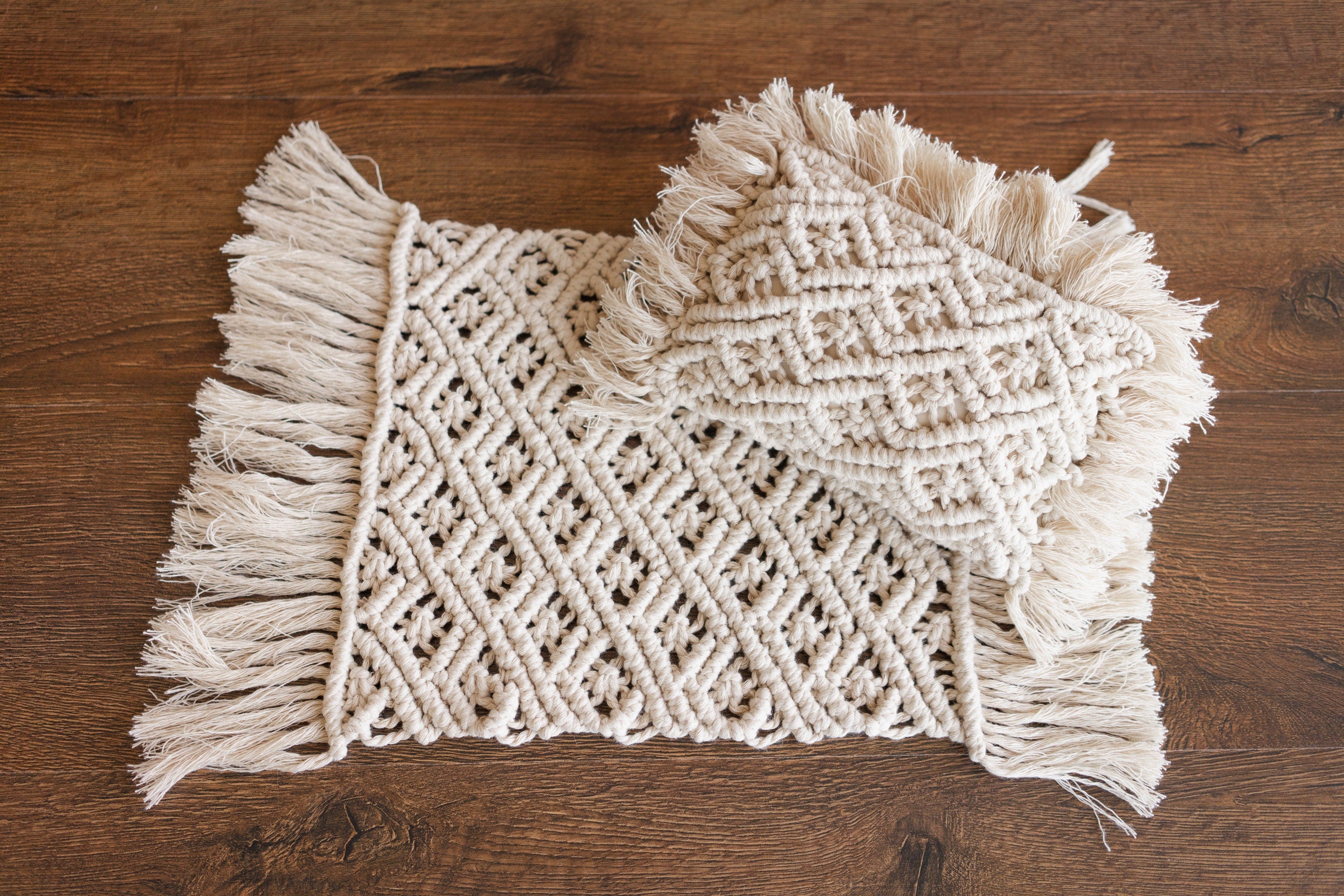 Boho macrame newborn props — matching pillow and placemat add natural texture, warmth, and timeless charm to newborn photo shoots.
