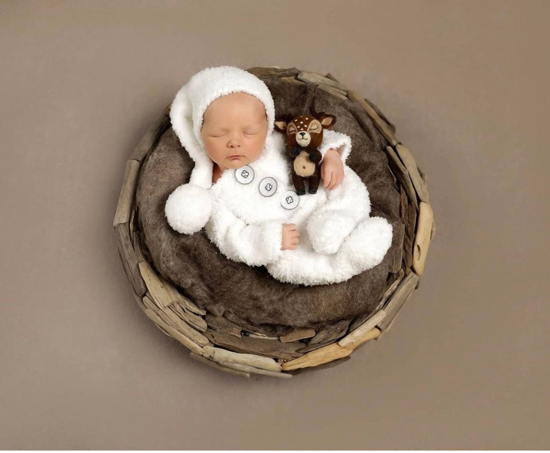 Fluffy Knitted Snowman Outfit with Toy: Newborn Christmas Photography Prop