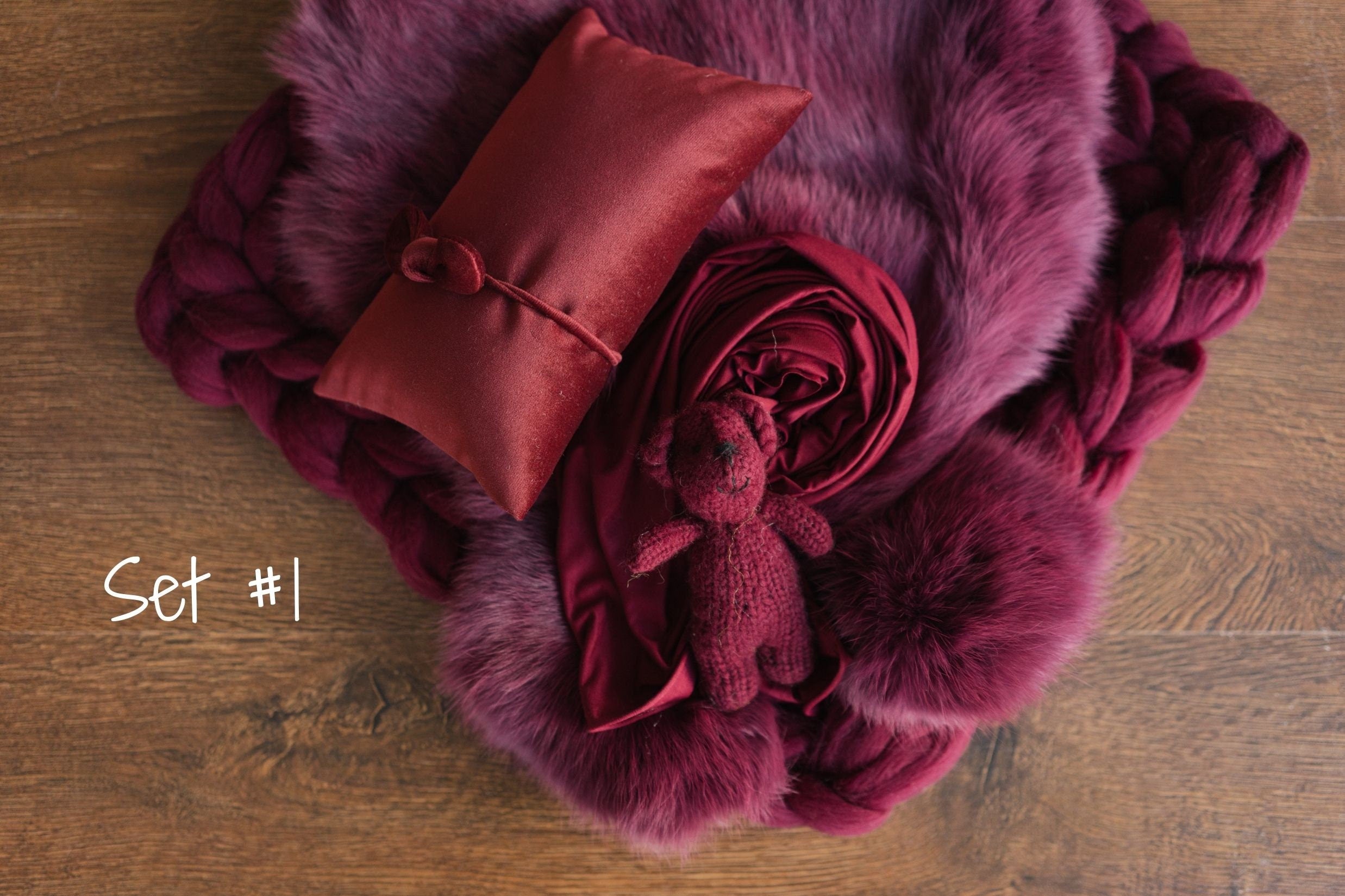 Burgundy Newborn Photography Props, Newborn Merino Wool Blanket,Newborn Posing Pillow,Newborn Teddy Bear Toy,Velvet Newborn Pillow,Baby Bear