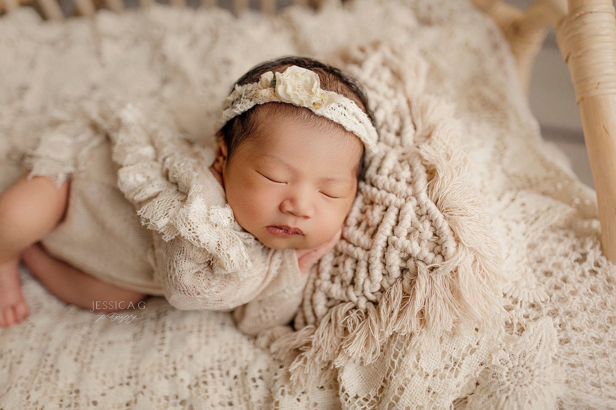 Boho macrame newborn props — matching pillow and placemat add natural texture, warmth, and timeless charm to newborn photo shoots.