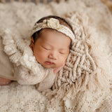 Boho macrame newborn props — matching pillow and placemat add natural texture, warmth, and timeless charm to newborn photo shoots.