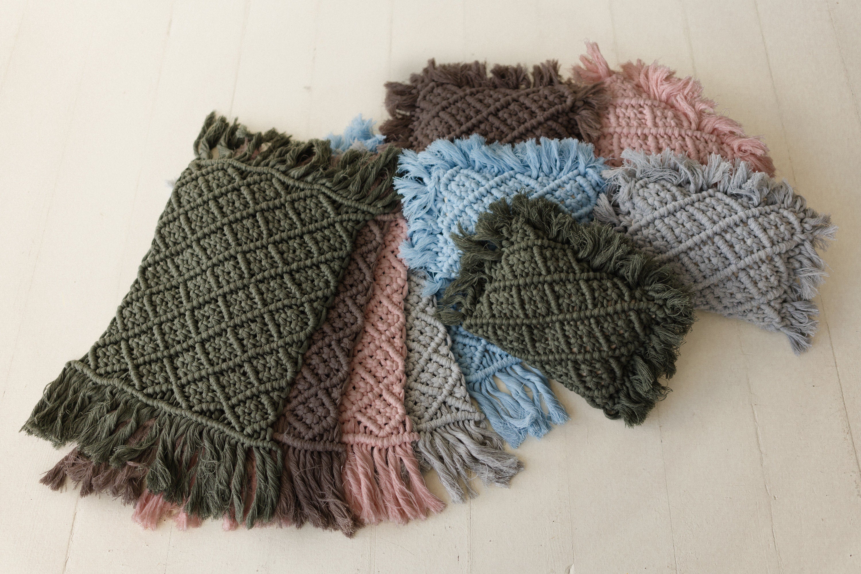 Boho macrame newborn props — matching pillow and placemat add natural texture, warmth, and timeless charm to newborn photo shoots.