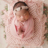 Boho macrame newborn props — matching pillow and placemat add natural texture, warmth, and timeless charm to newborn photo shoots.
