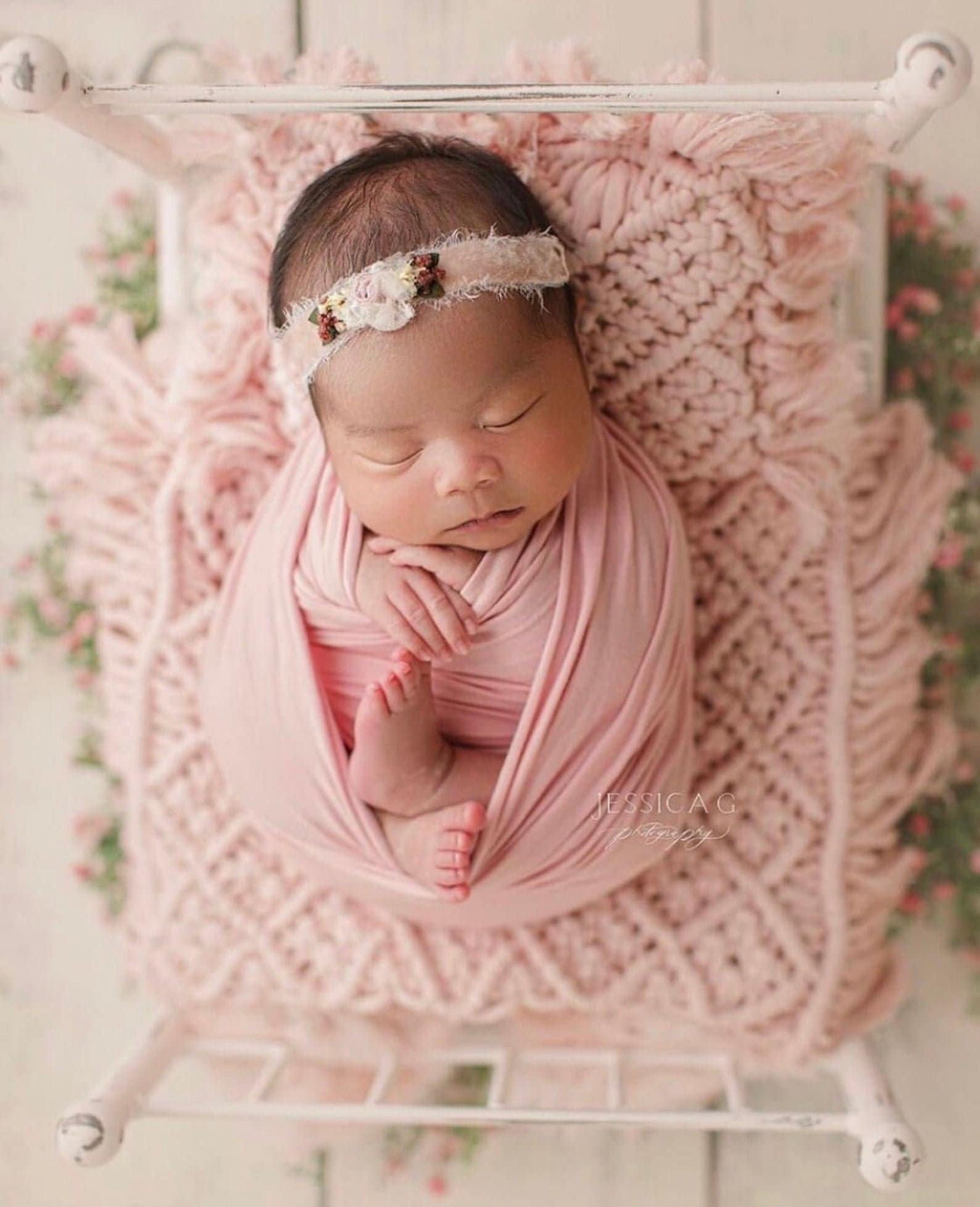 Boho macrame newborn props — matching pillow and placemat add natural texture, warmth, and timeless charm to newborn photo shoots.