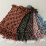 Boho macrame newborn props — matching pillow and placemat add natural texture, warmth, and timeless charm to newborn photo shoots.