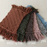 Boho macrame newborn props — matching pillow and placemat add natural texture, warmth, and timeless charm to newborn photo shoots.