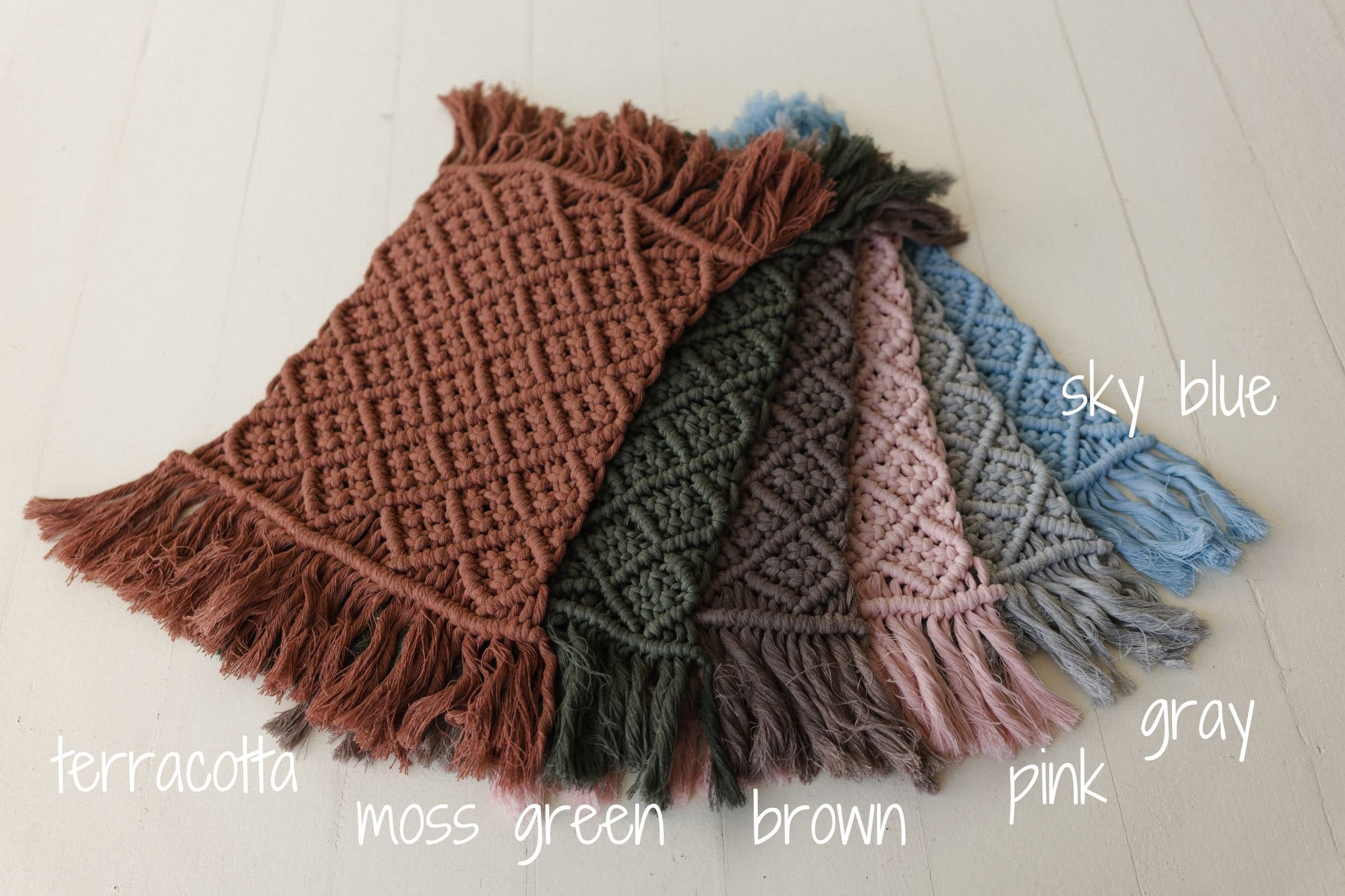 Boho macrame newborn props — matching pillow and placemat add natural texture, warmth, and timeless charm to newborn photo shoots.