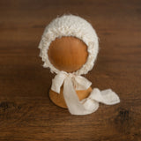 Newborn Knitted Bonnet with Pearls and Chiffon Ties, Newborn Girl Outfit, Newborn Girl Bonnet, Newborn Photography Props for Girl, Girl Hat