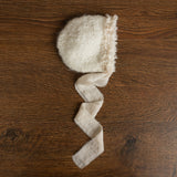 Newborn Knitted Bonnet with Pearls and Chiffon Ties, Newborn Girl Outfit, Newborn Girl Bonnet, Newborn Photography Props for Girl, Girl Hat