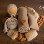 Copper Newborn Photography Props Set, Newborn Merino Wool Blanket, Newborn Knitted Wrap and Bonnet, Newborn Posing Pillow, Newborn Fur Prop