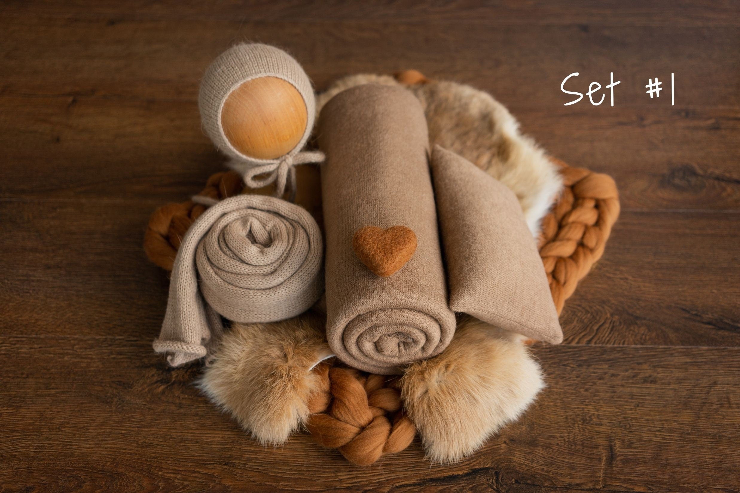 Copper Newborn Photography Props Set, Newborn Merino Wool Blanket, Newborn Knitted Wrap and Bonnet, Newborn Posing Pillow, Newborn Fur Prop
