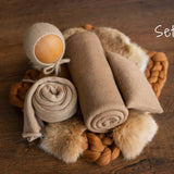 Copper Newborn Photography Props Set, Newborn Merino Wool Blanket, Newborn Knitted Wrap and Bonnet, Newborn Posing Pillow, Newborn Fur Prop