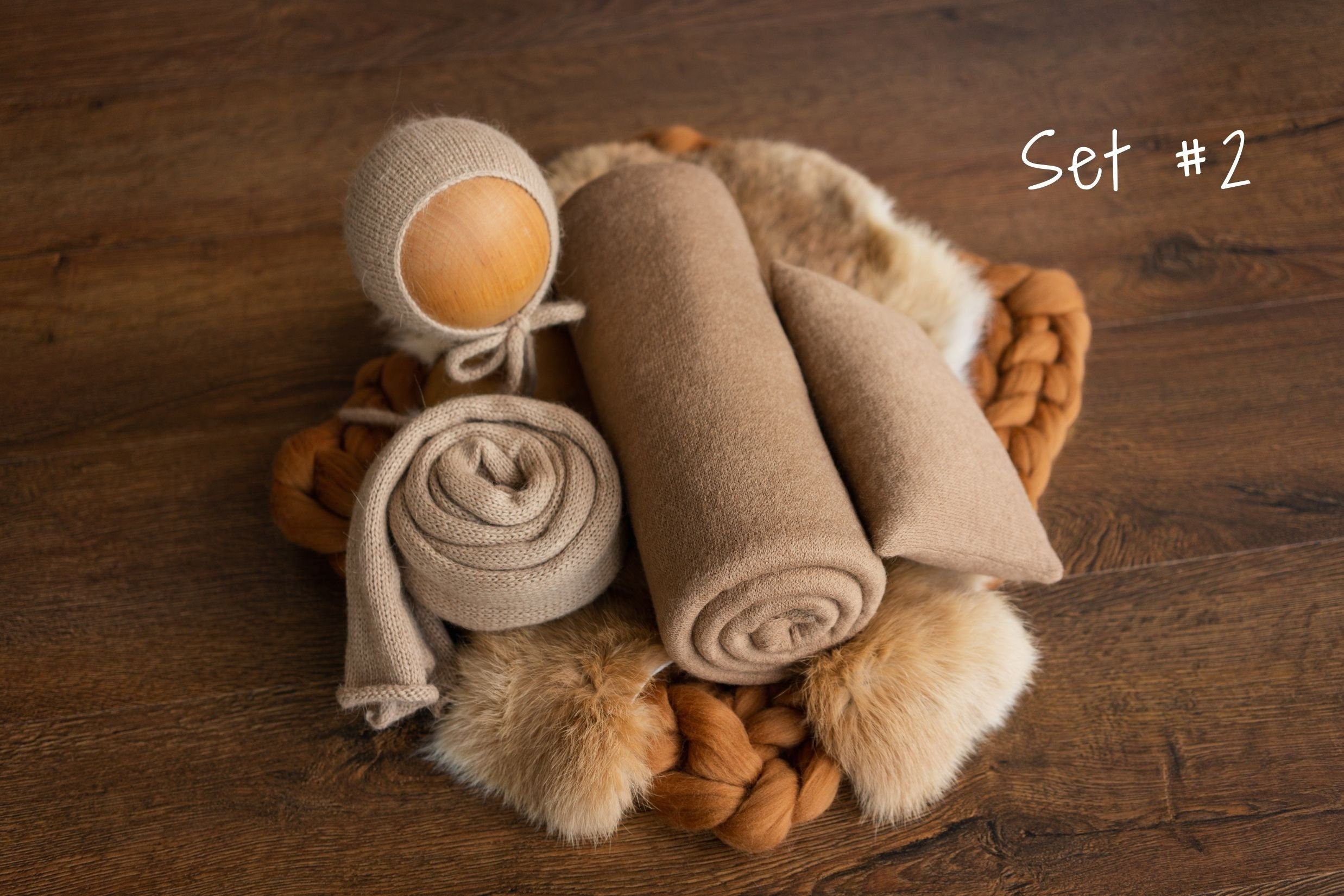 Copper Newborn Photography Props Set, Newborn Merino Wool Blanket, Newborn Knitted Wrap and Bonnet, Newborn Posing Pillow, Newborn Fur Prop