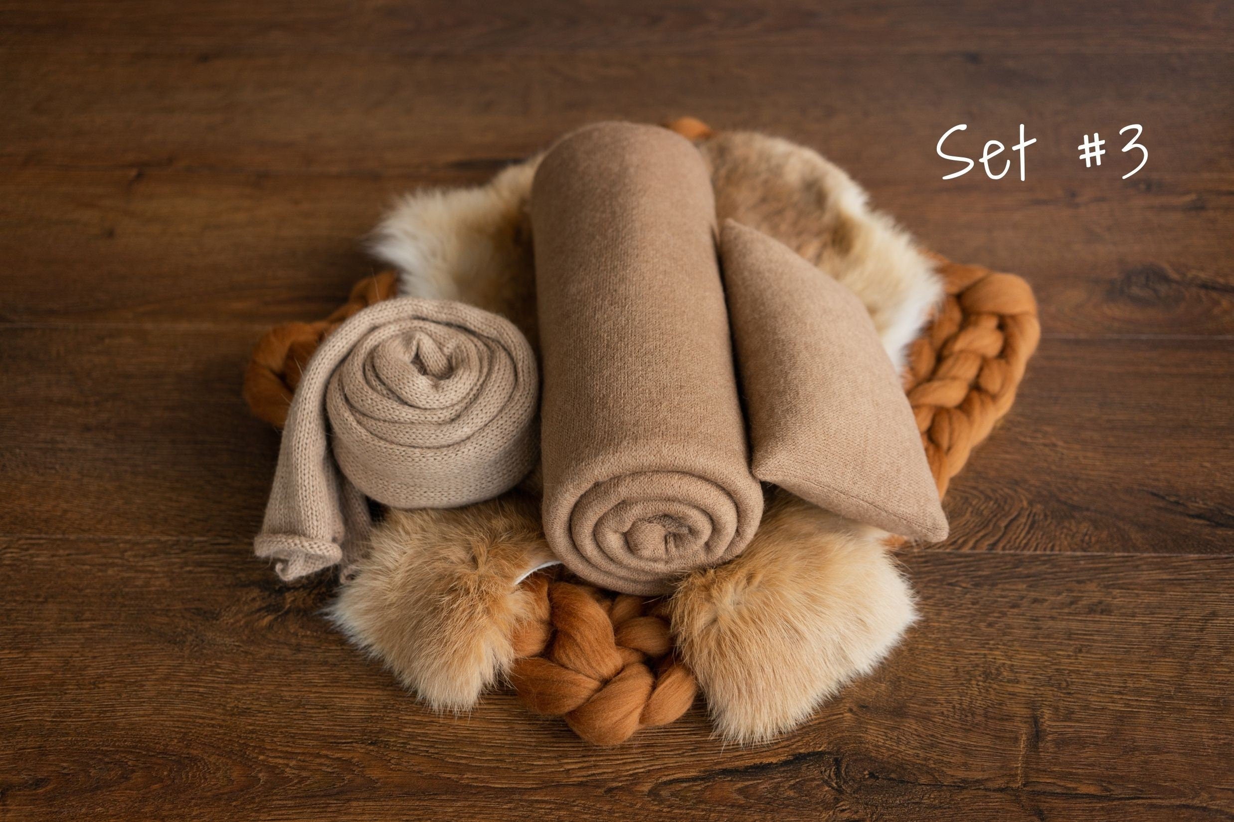 Copper Newborn Photography Props Set, Newborn Merino Wool Blanket, Newborn Knitted Wrap and Bonnet, Newborn Posing Pillow, Newborn Fur Prop