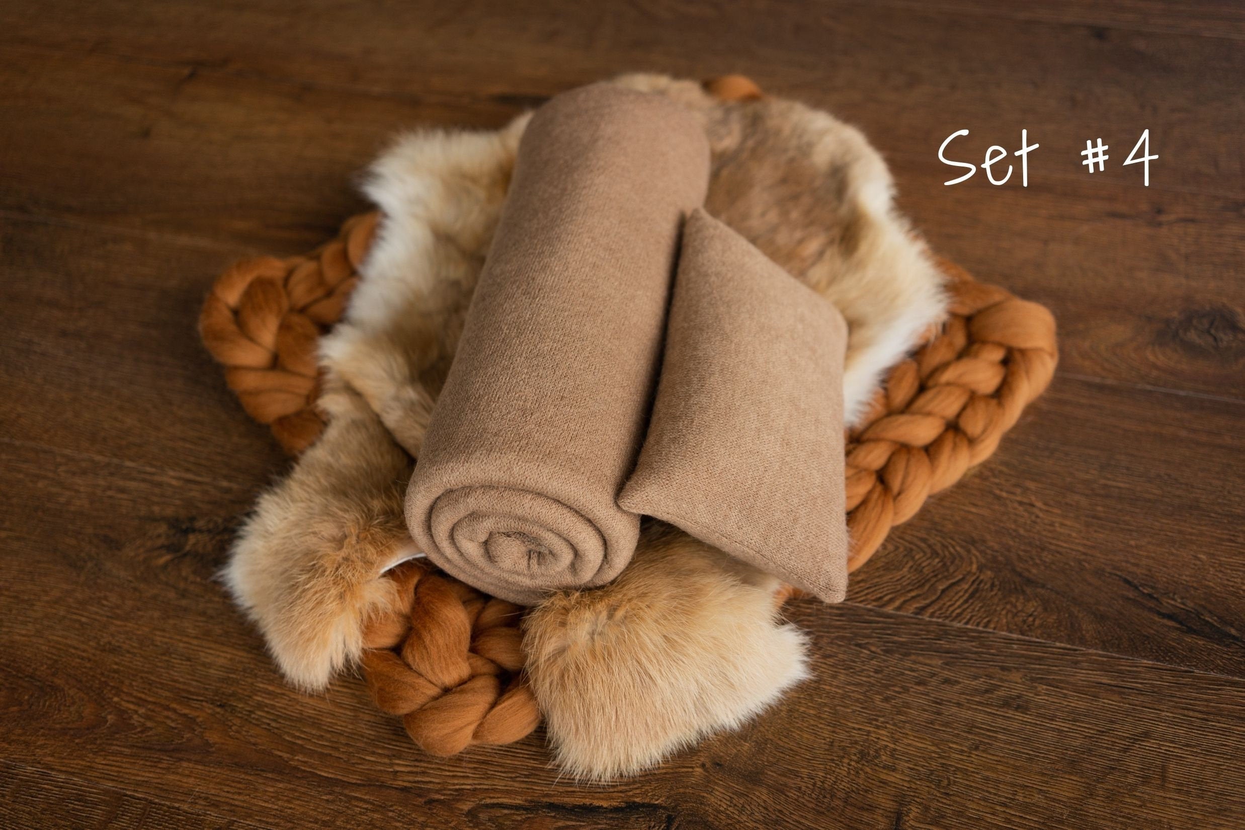 Copper Newborn Photography Props Set, Newborn Merino Wool Blanket, Newborn Knitted Wrap and Bonnet, Newborn Posing Pillow, Newborn Fur Prop