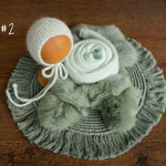 Sage Newborn Photography Props Set, Newborn Round Macrame Rug, Newborn Knitted Wrap and Bonnet, Newborn Fur Rug, Newborn Knitted Bonnet