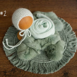 Sage Newborn Photography Props Set, Newborn Round Macrame Rug, Newborn Knitted Wrap and Bonnet, Newborn Fur Rug, Newborn Knitted Bonnet