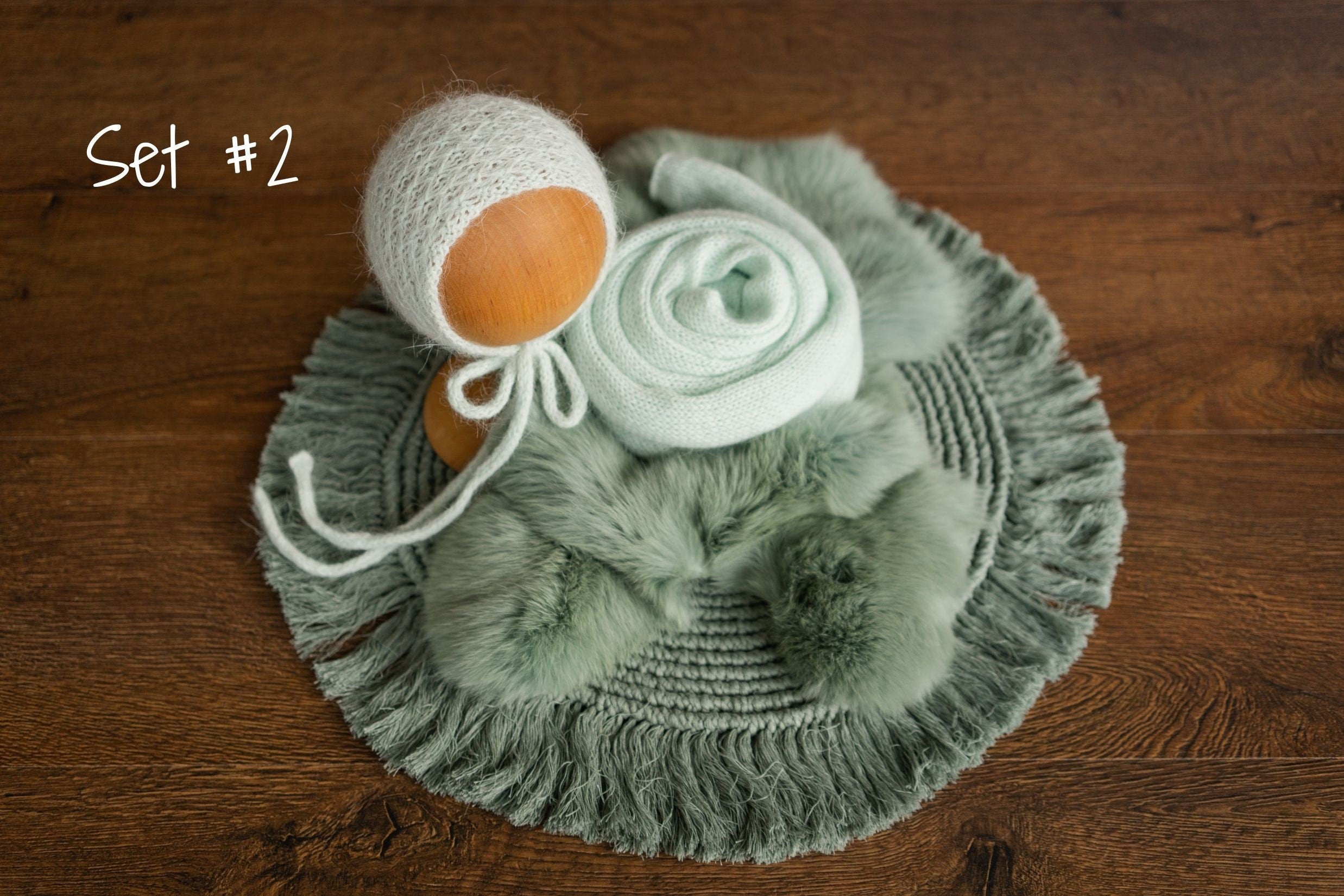 Sage Newborn Photography Props Set, Newborn Round Macrame Rug, Newborn Knitted Wrap and Bonnet, Newborn Fur Rug, Newborn Knitted Bonnet