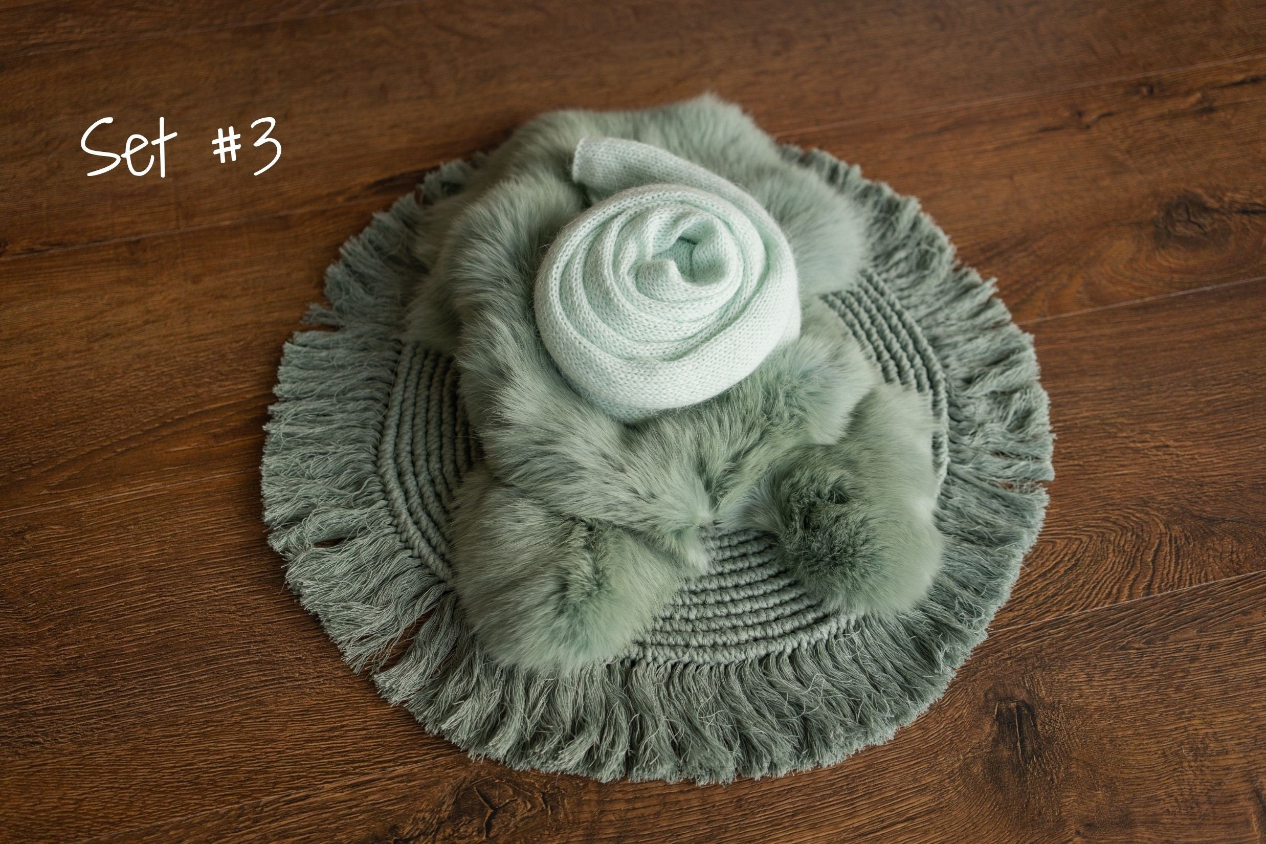 Sage Newborn Photography Props Set, Newborn Round Macrame Rug, Newborn Knitted Wrap and Bonnet, Newborn Fur Rug, Newborn Knitted Bonnet