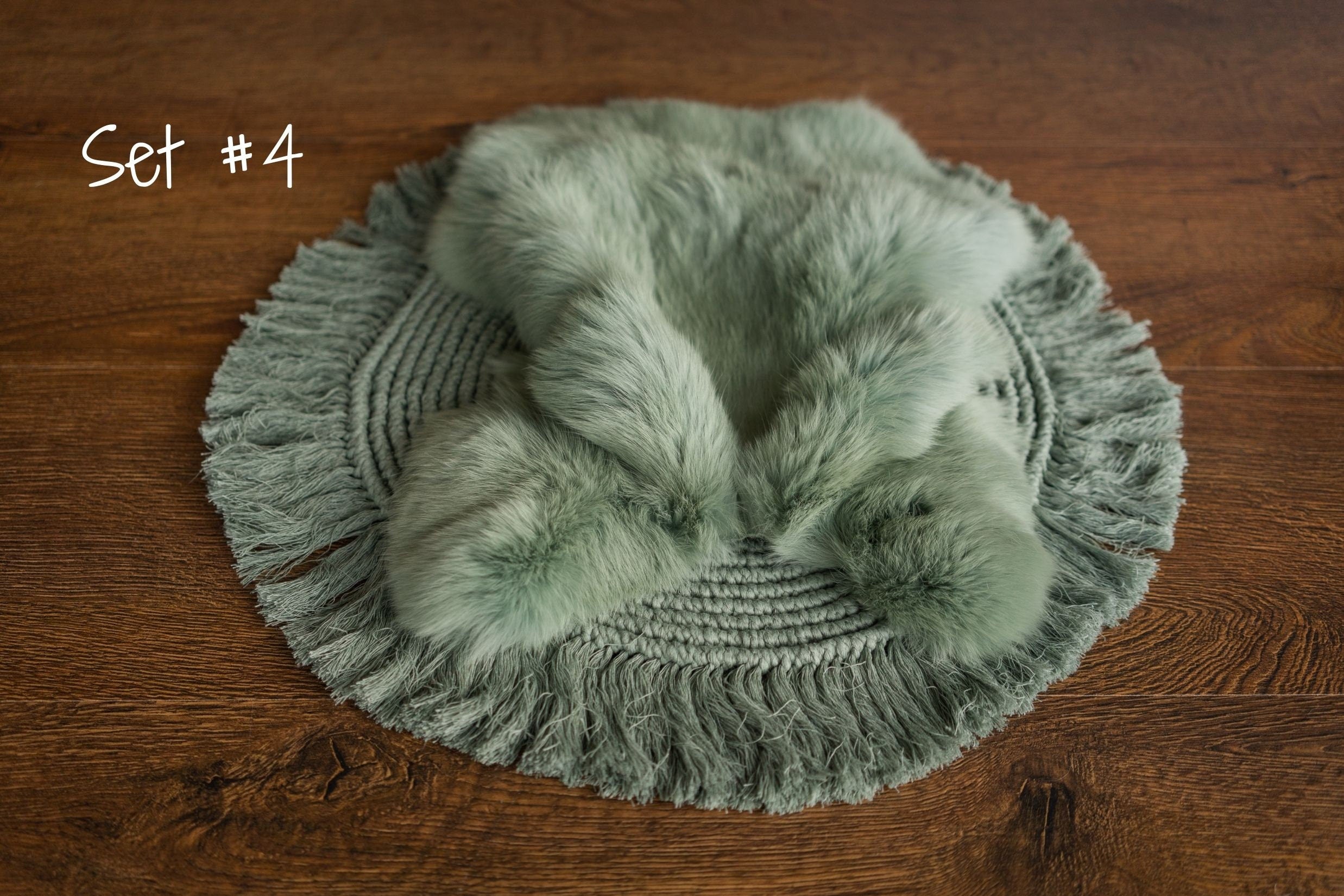 Sage Newborn Photography Props Set, Newborn Round Macrame Rug, Newborn Knitted Wrap and Bonnet, Newborn Fur Rug, Newborn Knitted Bonnet