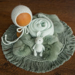 Sage Newborn Photography Props Set, Newborn Round Macrame Rug, Newborn Knitted Wrap and Bonnet, Newborn Fur Rug, Newborn Knitted Bonnet