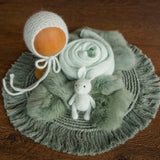 Sage Newborn Photography Props Set, Newborn Round Macrame Rug, Newborn Knitted Wrap and Bonnet, Newborn Fur Rug, Newborn Knitted Bonnet